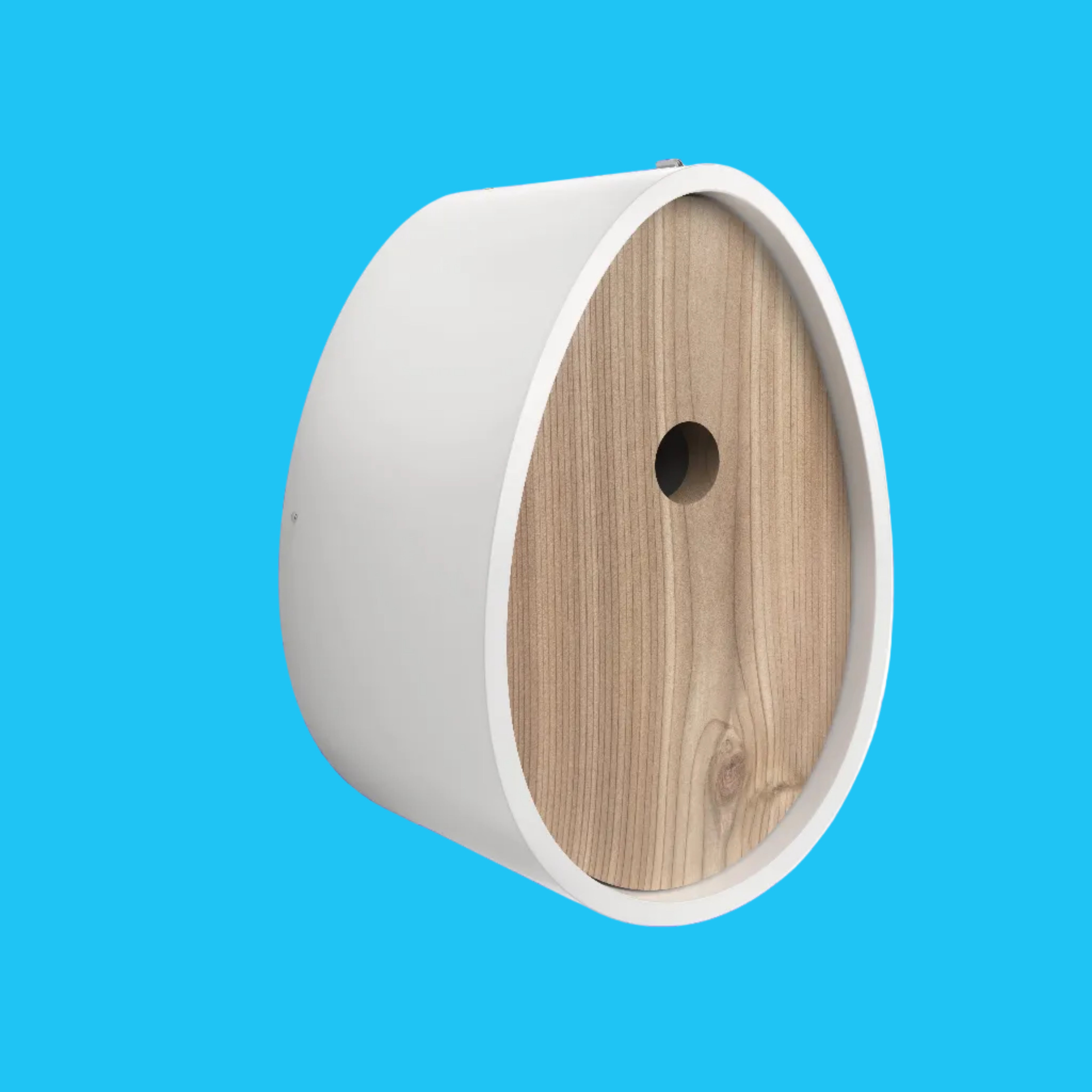 White birdhouse with a wooden front on a white background